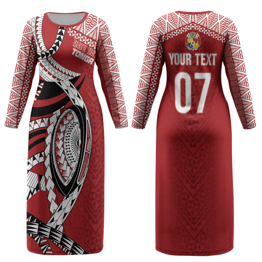 Mate Ma'a Tonga Rugby Custom Kupesi Motifs Couples Matching Long Sleeve Bodycon Dress and Long Sleeve Button Shirt Red Waves LT7 - Polynesian Pride