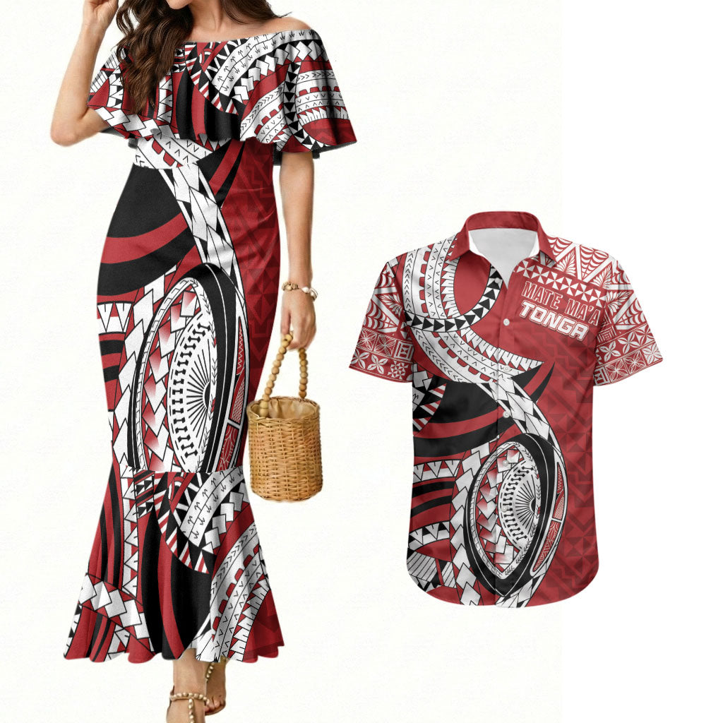 Mate Ma'a Tonga Rugby Custom Kupesi Motifs Couples Matching Mermaid Dress and Hawaiian Shirt Red Waves