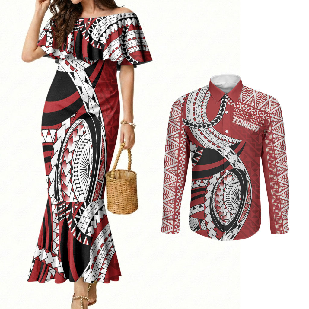 Mate Ma'a Tonga Rugby Custom Kupesi Motifs Couples Matching Mermaid Dress and Long Sleeve Button Shirt Red Waves LT7 Red - Polynesian Pride