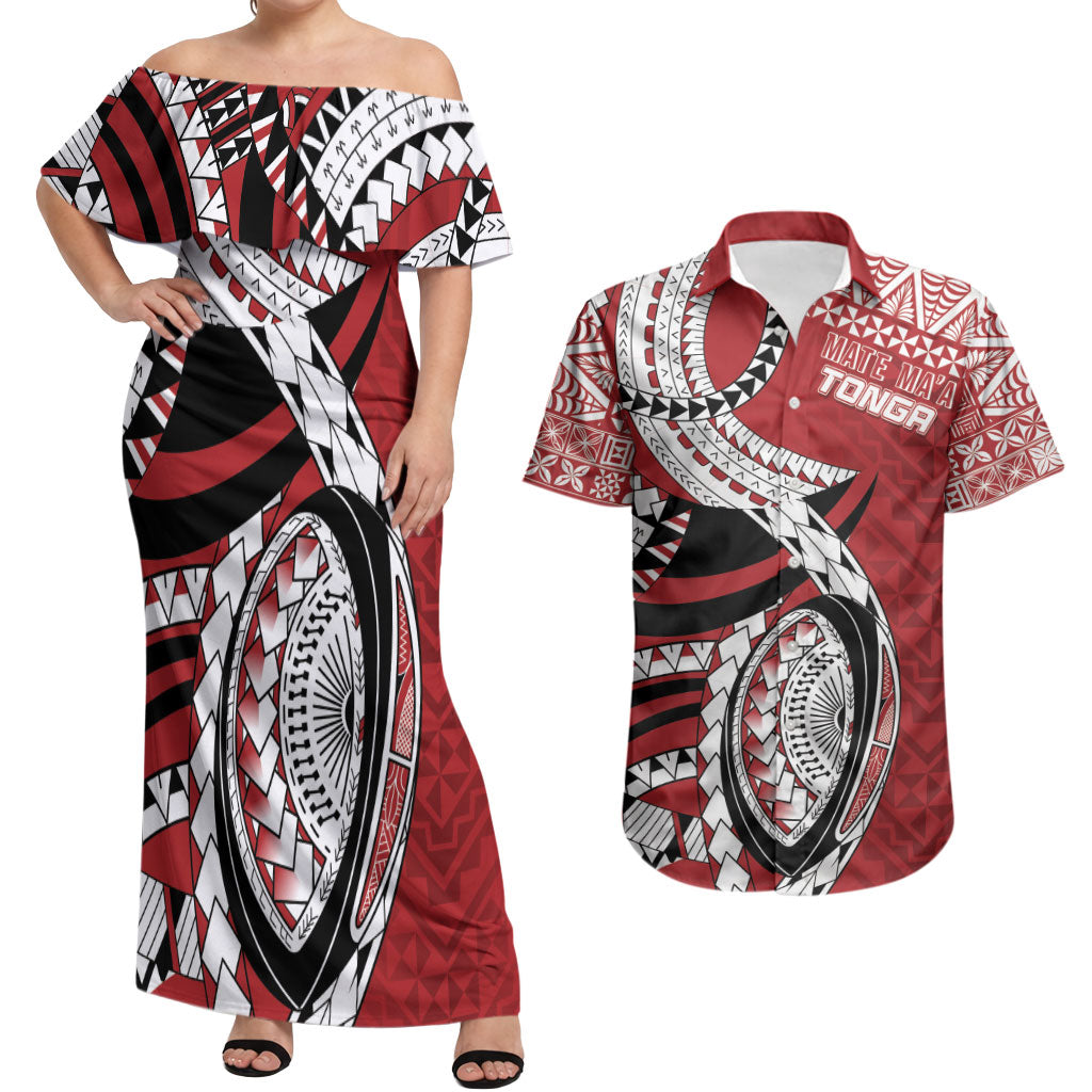 Mate Ma'a Tonga Rugby Custom Kupesi Motifs Couples Matching Off Shoulder Maxi Dress and Hawaiian Shirt Red Waves