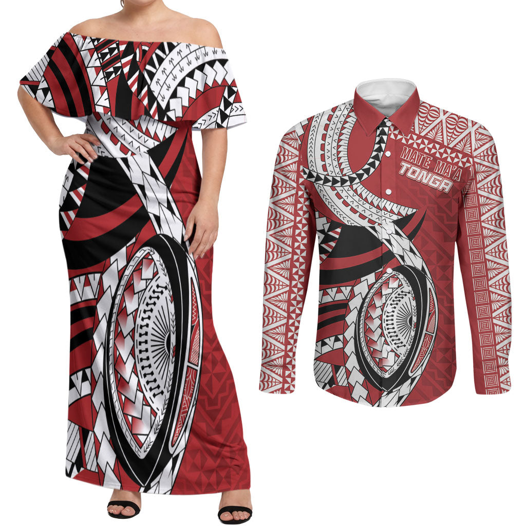 Mate Ma'a Tonga Rugby Custom Kupesi Motifs Couples Matching Off Shoulder Maxi Dress and Long Sleeve Button Shirt Red Waves LT7 Red - Polynesian Pride