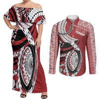 Mate Ma'a Tonga Rugby Custom Kupesi Motifs Couples Matching Off Shoulder Maxi Dress and Long Sleeve Button Shirt Red Waves LT7 Red - Polynesian Pride