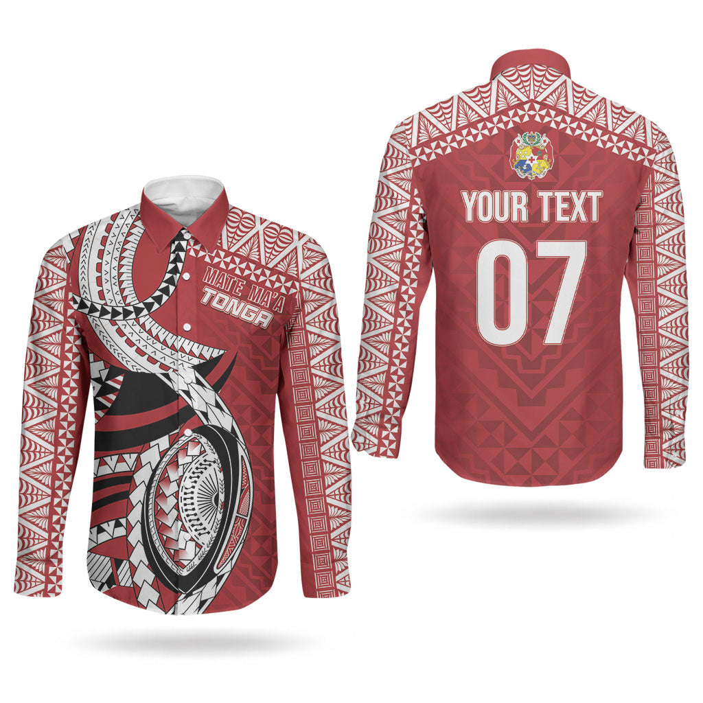 Mate Ma'a Tonga Rugby Custom Kupesi Motifs Couples Matching Off Shoulder Maxi Dress and Long Sleeve Button Shirt Red Waves LT7 - Polynesian Pride