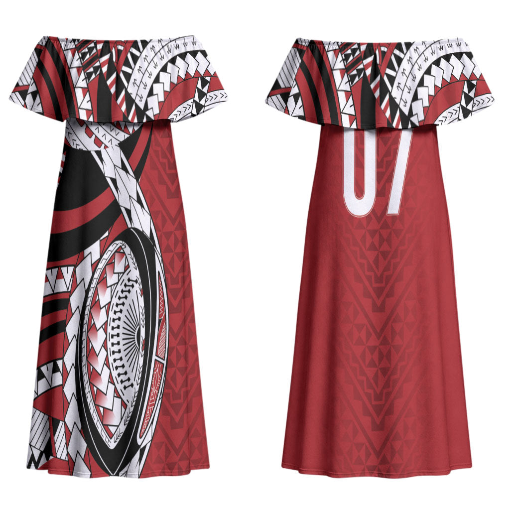 Mate Ma'a Tonga Rugby Custom Kupesi Motifs Couples Matching Off Shoulder Maxi Dress and Long Sleeve Button Shirt Red Waves LT7 - Polynesian Pride