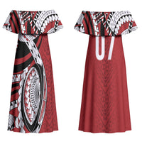 Mate Ma'a Tonga Rugby Custom Kupesi Motifs Couples Matching Off Shoulder Maxi Dress and Long Sleeve Button Shirt Red Waves LT7 - Polynesian Pride