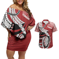 Mate Ma'a Tonga Rugby Custom Kupesi Motifs Couples Matching Off Shoulder Short Dress and Hawaiian Shirt Red Waves LT7 Red - Polynesian Pride