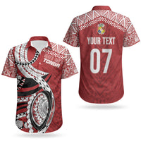 Mate Ma'a Tonga Rugby Custom Kupesi Motifs Couples Matching Off Shoulder Short Dress and Hawaiian Shirt Red Waves LT7 - Polynesian Pride