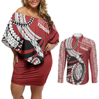 Mate Ma'a Tonga Rugby Custom Kupesi Motifs Couples Matching Off Shoulder Short Dress and Long Sleeve Button Shirt Red Waves LT7 Red - Polynesian Pride