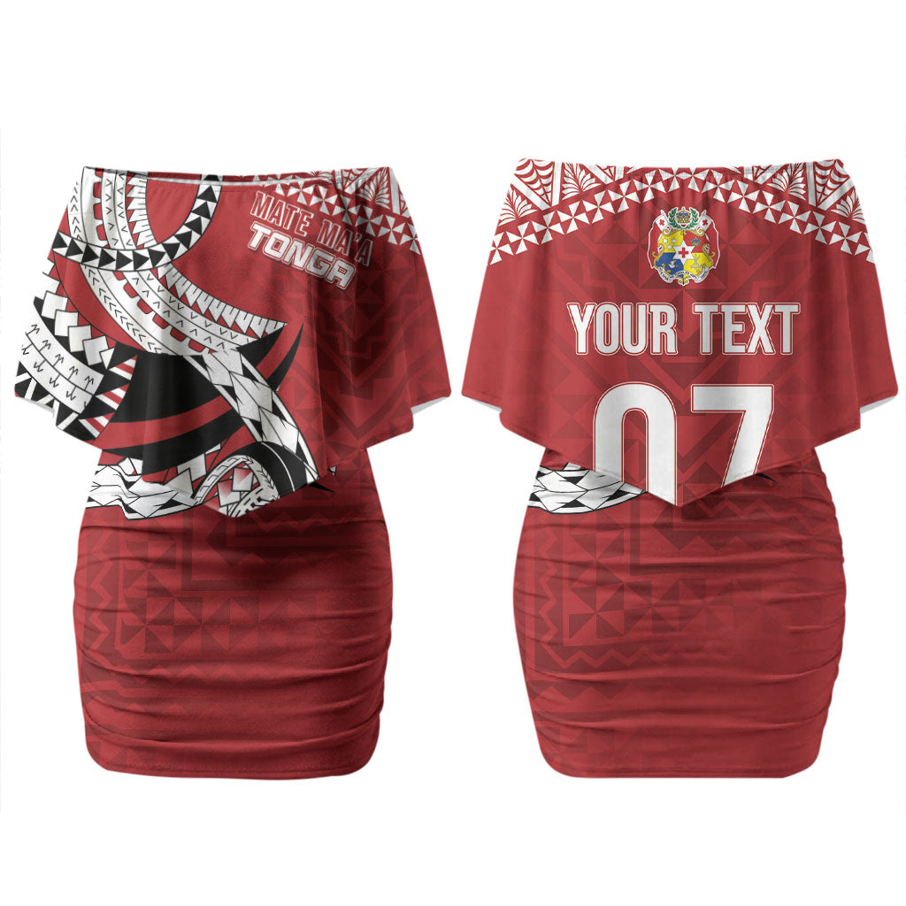 Mate Ma'a Tonga Rugby Custom Kupesi Motifs Couples Matching Off Shoulder Short Dress and Long Sleeve Button Shirt Red Waves LT7 - Polynesian Pride