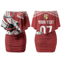 Mate Ma'a Tonga Rugby Custom Kupesi Motifs Couples Matching Off Shoulder Short Dress and Long Sleeve Button Shirt Red Waves LT7 - Polynesian Pride