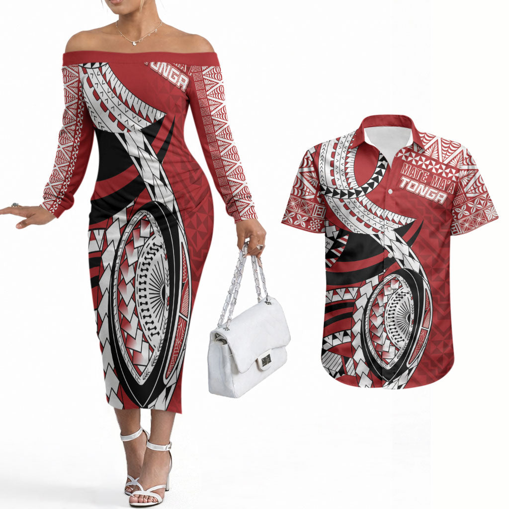 Mate Ma'a Tonga Rugby Custom Kupesi Motifs Couples Matching Off The Shoulder Long Sleeve Dress and Hawaiian Shirt Red Waves