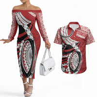 Mate Ma'a Tonga Rugby Custom Kupesi Motifs Couples Matching Off The Shoulder Long Sleeve Dress and Hawaiian Shirt Red Waves LT7 Red - Polynesian Pride