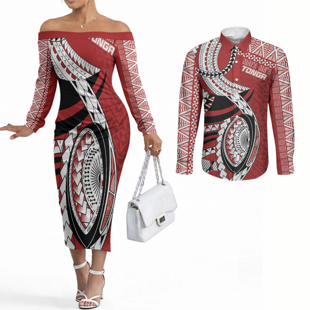 Mate Ma'a Tonga Rugby Custom Kupesi Motifs Couples Matching Off The Shoulder Long Sleeve Dress and Long Sleeve Button Shirt Red Waves LT7 Red - Polynesian Pride