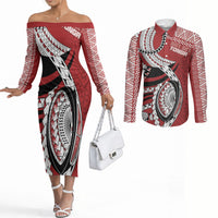 Mate Ma'a Tonga Rugby Custom Kupesi Motifs Couples Matching Off The Shoulder Long Sleeve Dress and Long Sleeve Button Shirt Red Waves LT7 Red - Polynesian Pride
