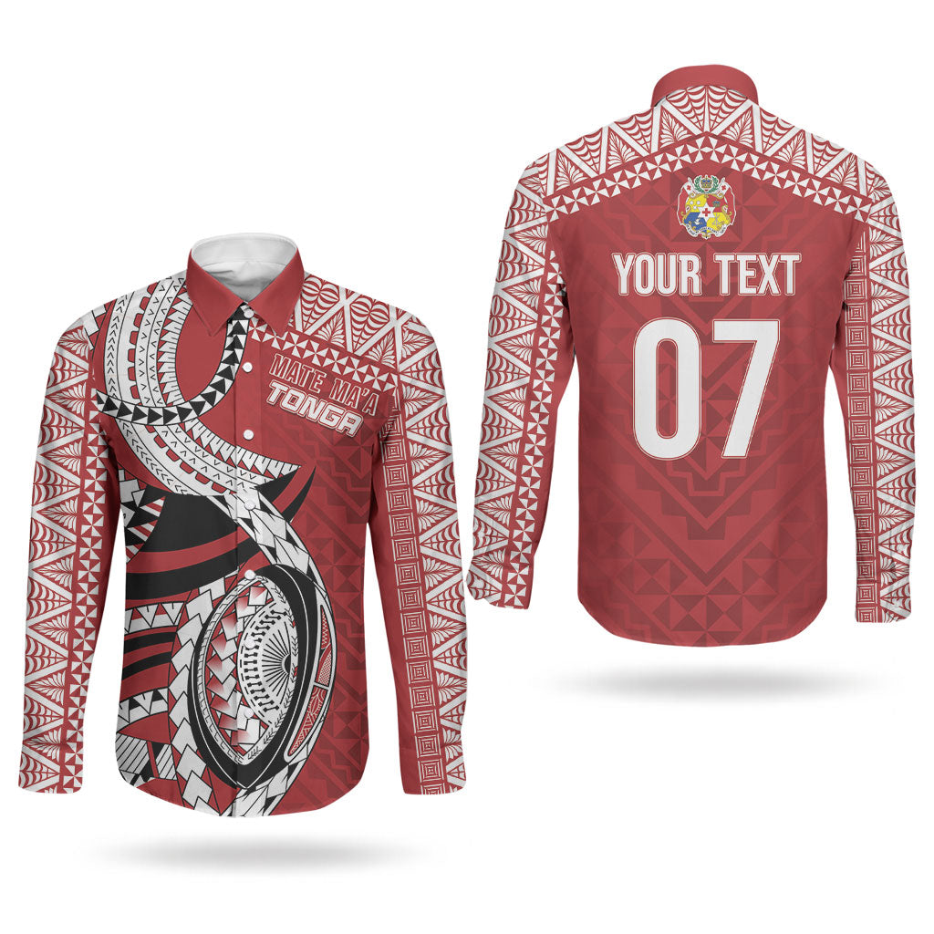Mate Ma'a Tonga Rugby Custom Kupesi Motifs Couples Matching Off The Shoulder Long Sleeve Dress and Long Sleeve Button Shirt Red Waves LT7 - Polynesian Pride