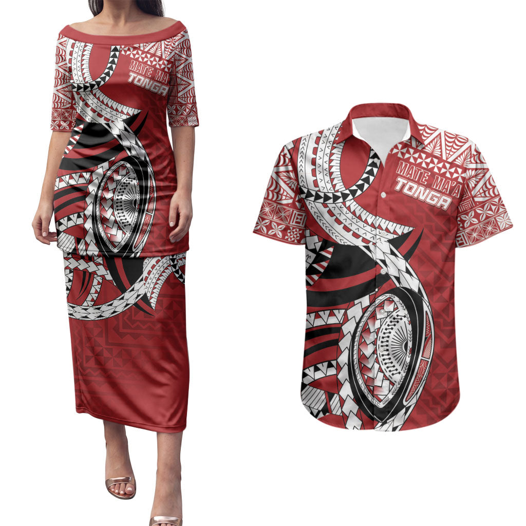 Mate Ma'a Tonga Rugby Custom Kupesi Motifs Couples Matching Puletasi and Hawaiian Shirt Red Waves