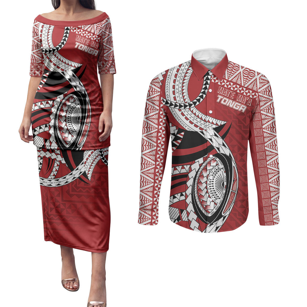 Mate Ma'a Tonga Rugby Custom Kupesi Motifs Couples Matching Puletasi and Long Sleeve Button Shirt Red Waves