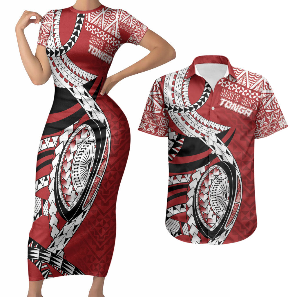Mate Ma'a Tonga Rugby Custom Kupesi Motifs Couples Matching Short Sleeve Bodycon Dress and Hawaiian Shirt Red Waves