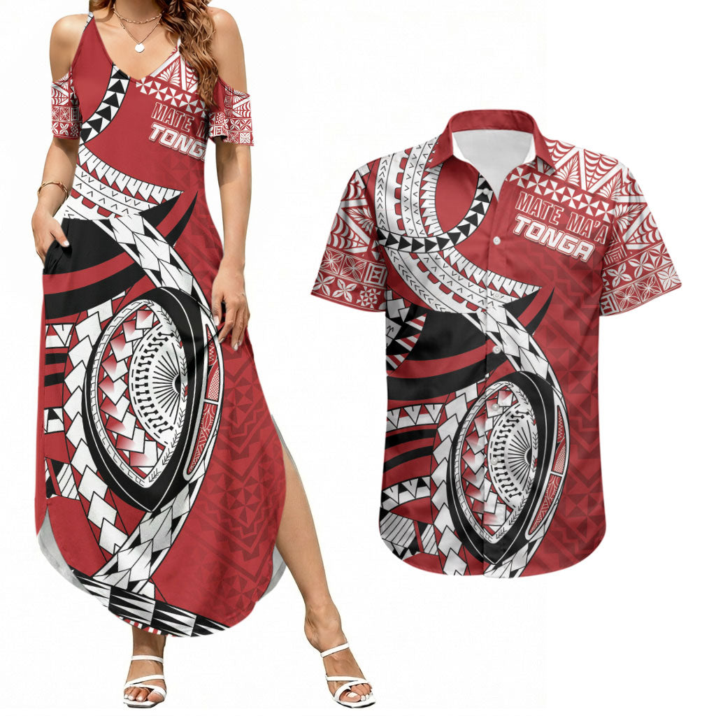 Mate Ma'a Tonga Rugby Custom Kupesi Motifs Couples Matching Summer Maxi Dress and Hawaiian Shirt Red Waves