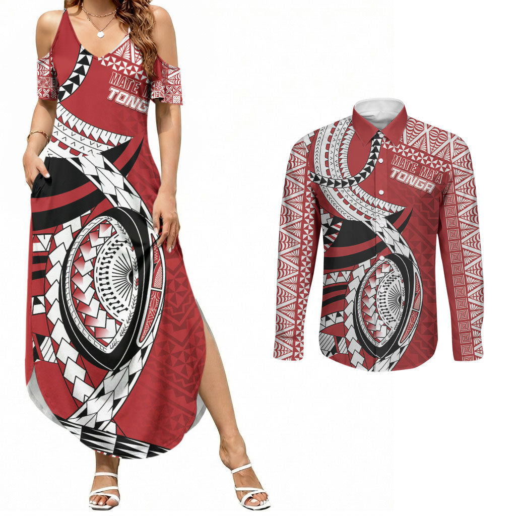 Mate Ma'a Tonga Rugby Custom Kupesi Motifs Couples Matching Summer Maxi Dress and Long Sleeve Button Shirt Red Waves LT7 Red - Polynesian Pride