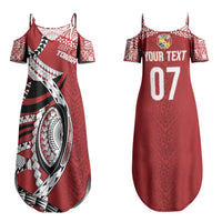 Mate Ma'a Tonga Rugby Custom Kupesi Motifs Couples Matching Summer Maxi Dress and Long Sleeve Button Shirt Red Waves LT7 - Polynesian Pride