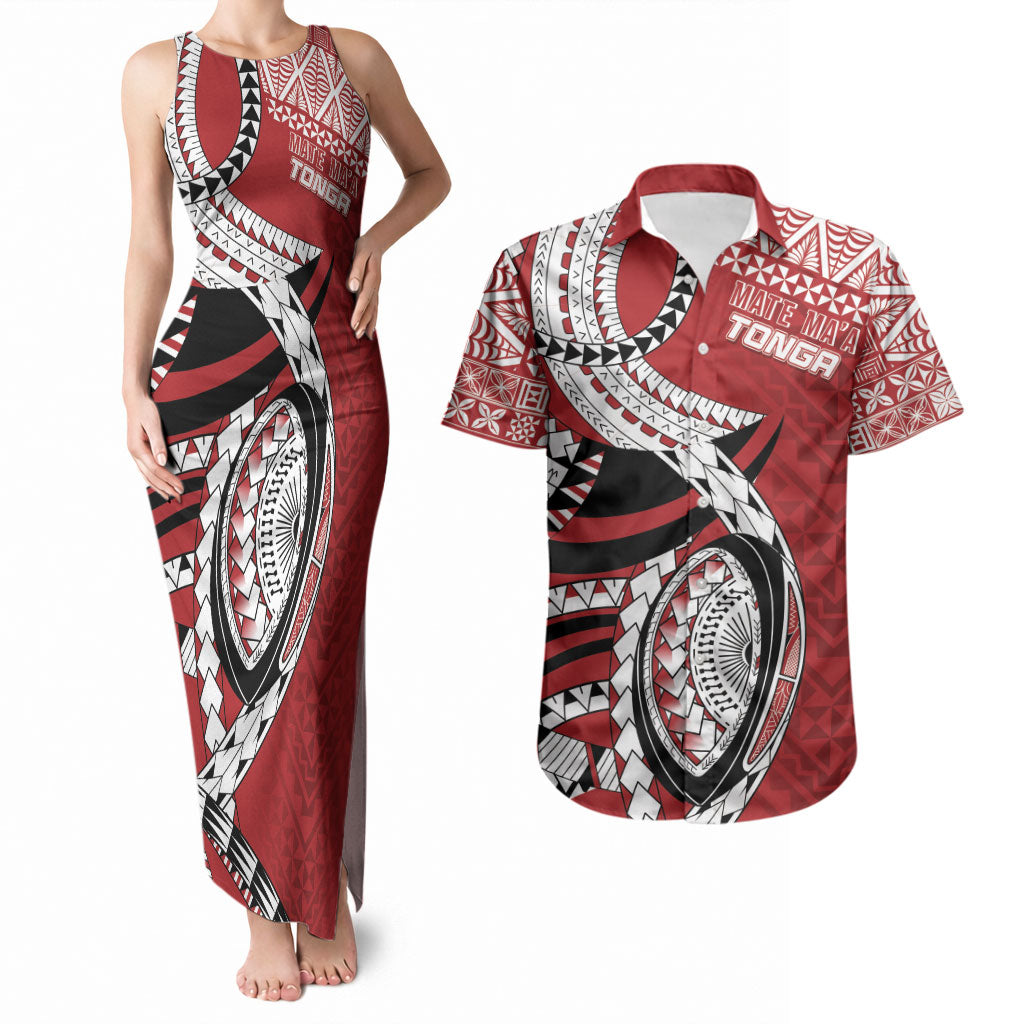Mate Ma'a Tonga Rugby Custom Kupesi Motifs Couples Matching Tank Maxi Dress and Hawaiian Shirt Red Waves LT7 Red - Polynesian Pride