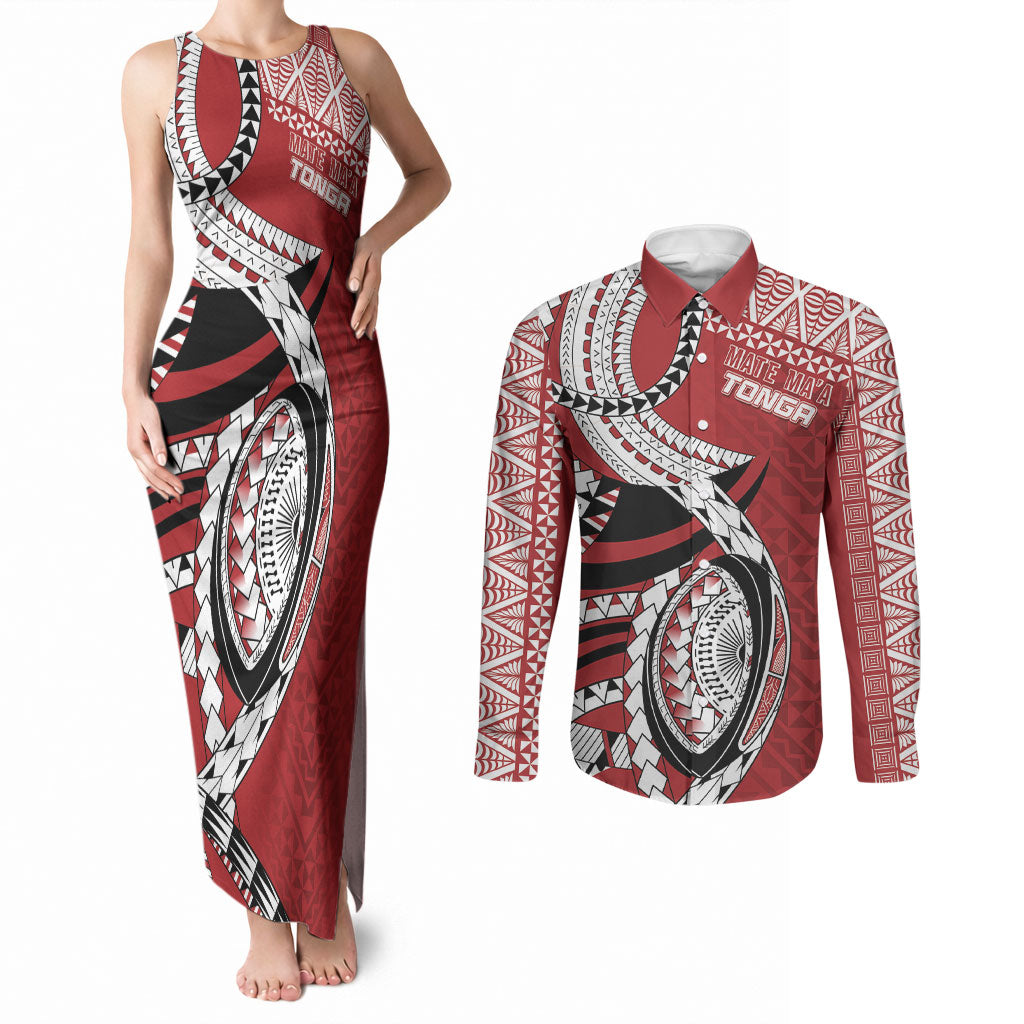 Mate Ma'a Tonga Rugby Custom Kupesi Motifs Couples Matching Tank Maxi Dress and Long Sleeve Button Shirt Red Waves