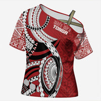 Mate Ma'a Tonga Rugby Custom Kupesi Motifs Cross Shoulder Shirt Red Waves LT7 Female Red - Polynesian Pride