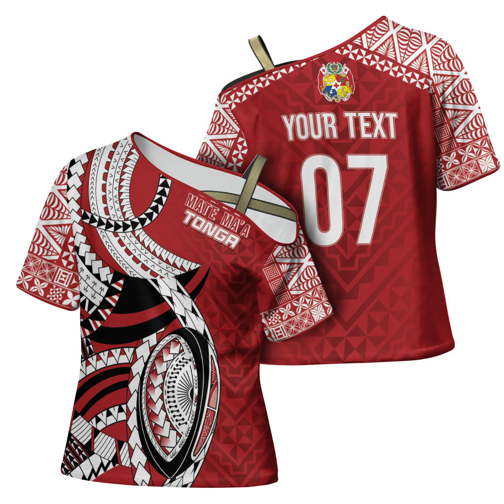 Mate Ma'a Tonga Rugby Custom Kupesi Motifs Cross Shoulder Shirt Red Waves LT7 - Polynesian Pride