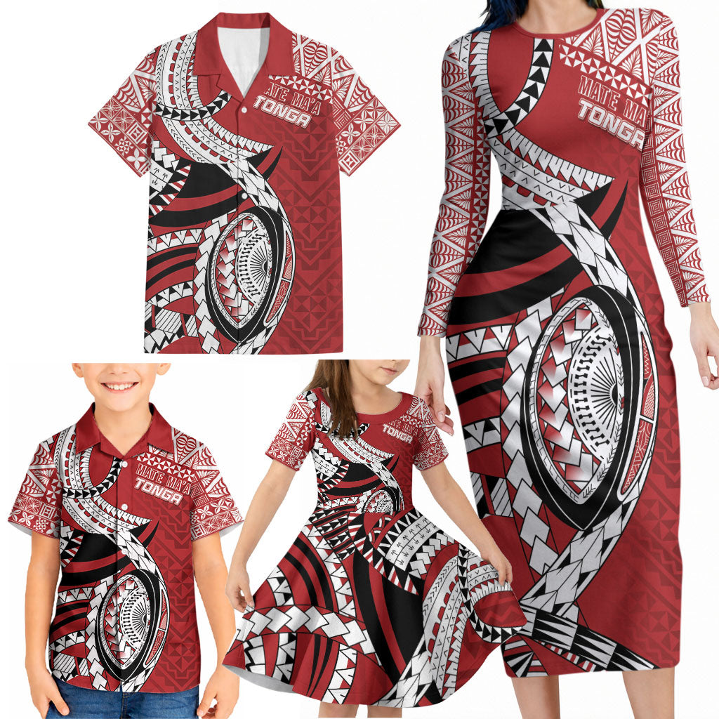 Mate Ma'a Tonga Rugby Custom Kupesi Motifs Family Matching Long Sleeve Bodycon Dress and Hawaiian Shirt Red Waves