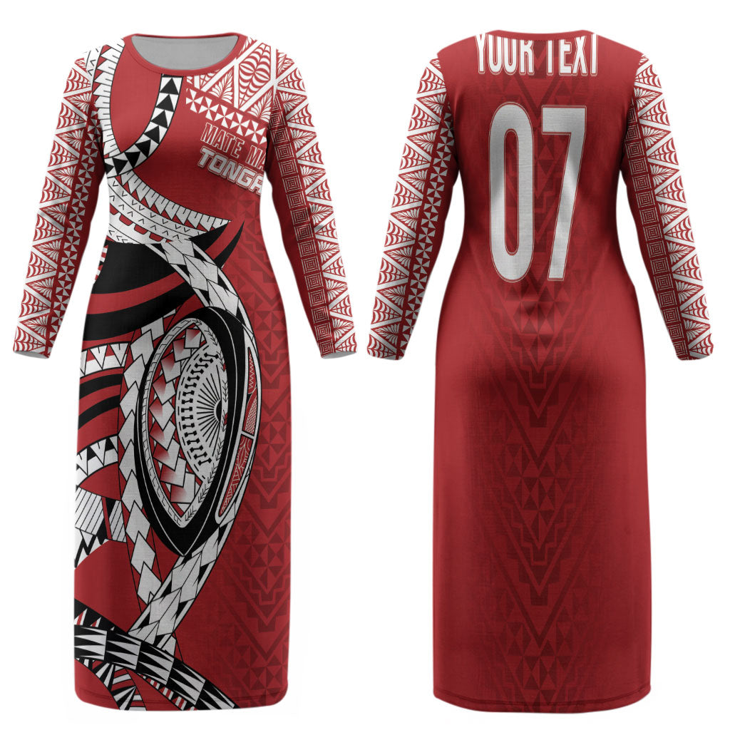 Mate Ma'a Tonga Rugby Custom Kupesi Motifs Family Matching Long Sleeve Bodycon Dress and Hawaiian Shirt Red Waves LT7 Mom's Dress Red - Polynesian Pride