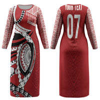 Mate Ma'a Tonga Rugby Custom Kupesi Motifs Family Matching Long Sleeve Bodycon Dress and Hawaiian Shirt Red Waves LT7 Mom's Dress Red - Polynesian Pride