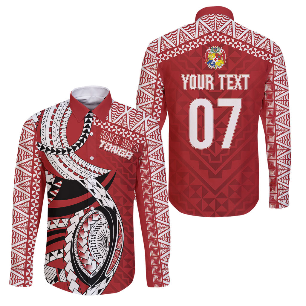 Mate Ma'a Tonga Rugby Custom Kupesi Motifs Family Matching Long Sleeve Bodycon Dress and Hawaiian Shirt Red Waves LT7 Dad's Shirt - Long Sleeve Red - Polynesian Pride