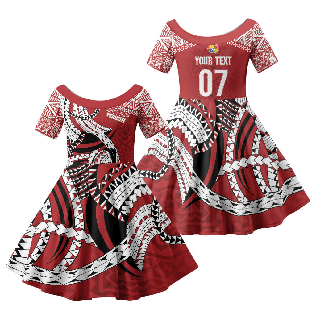 Mate Ma'a Tonga Rugby Custom Kupesi Motifs Family Matching Long Sleeve Bodycon Dress and Hawaiian Shirt Red Waves LT7 Daughter's Dress Red - Polynesian Pride