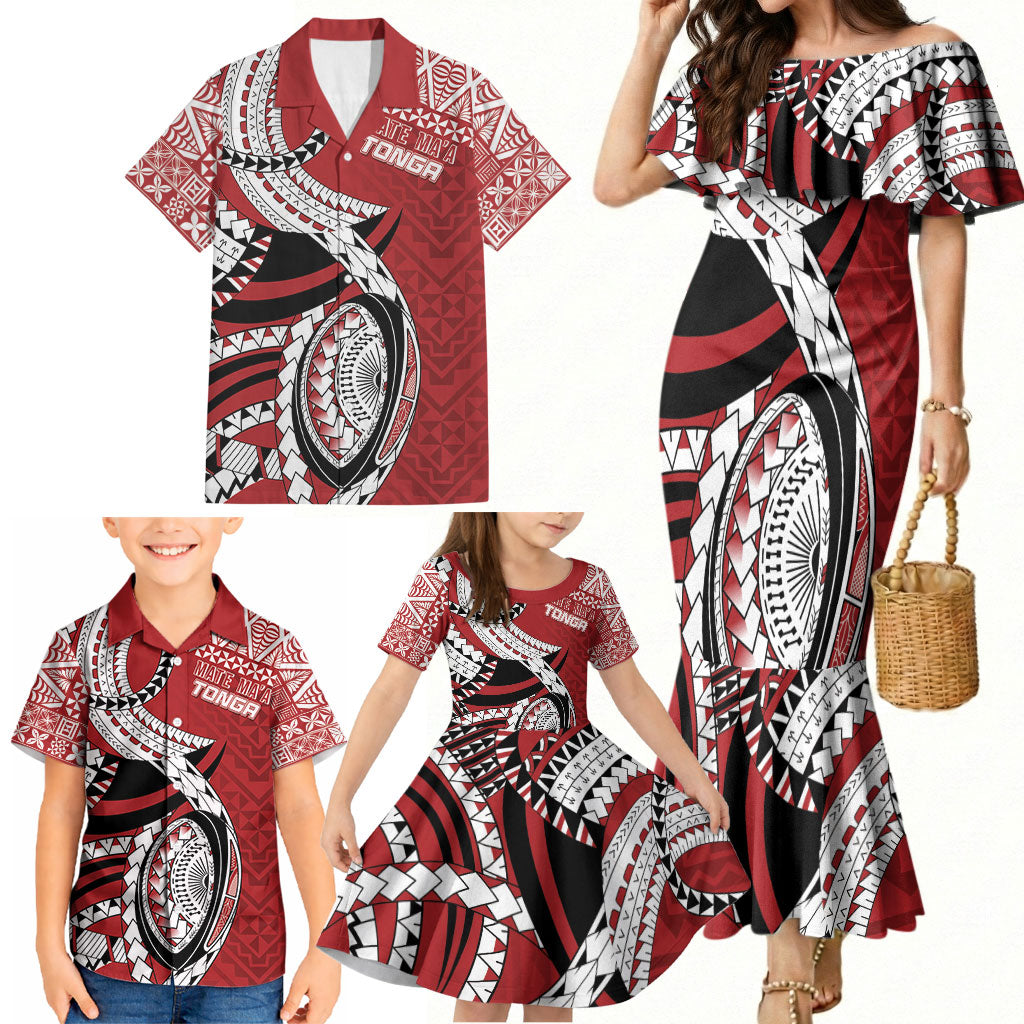 Mate Ma'a Tonga Rugby Custom Kupesi Motifs Family Matching Mermaid Dress and Hawaiian Shirt Red Waves