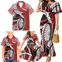 Mate Ma'a Tonga Rugby Custom Kupesi Motifs Family Matching Mermaid Dress and Hawaiian Shirt Red Waves LT7 - Polynesian Pride
