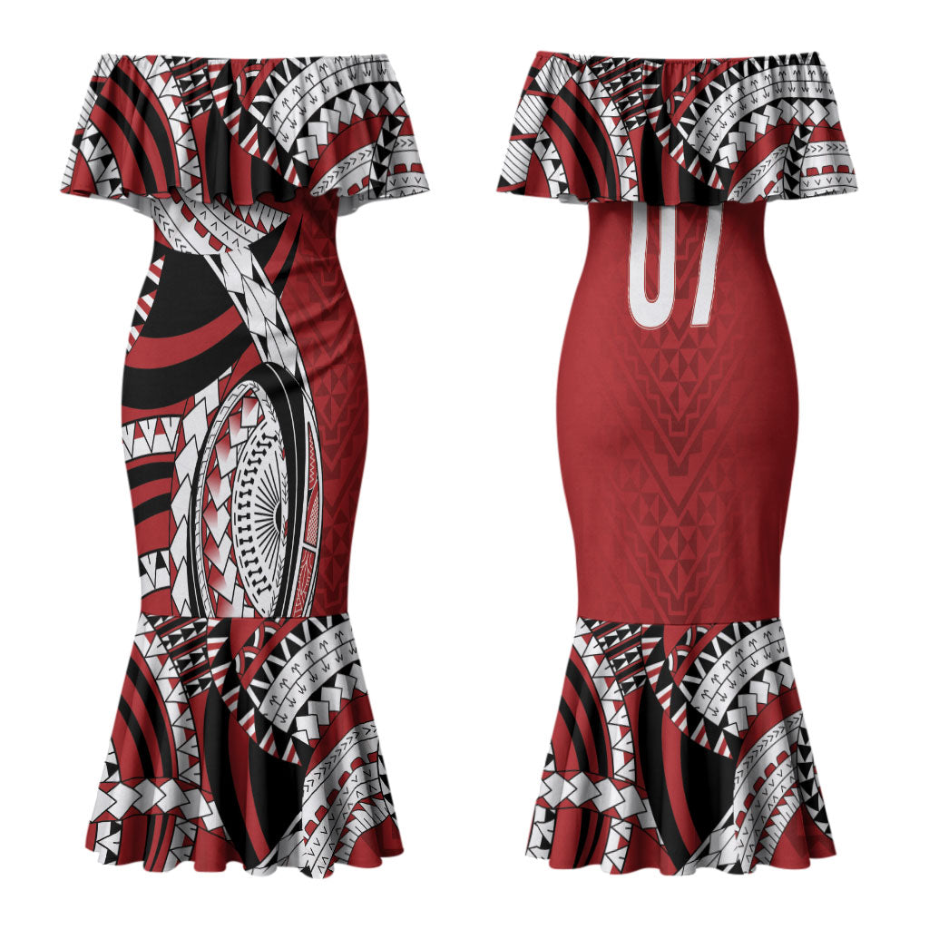 Mate Ma'a Tonga Rugby Custom Kupesi Motifs Family Matching Mermaid Dress and Hawaiian Shirt Red Waves LT7 Mom's Dress Red - Polynesian Pride