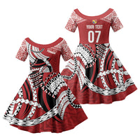 Mate Ma'a Tonga Rugby Custom Kupesi Motifs Family Matching Mermaid Dress and Hawaiian Shirt Red Waves LT7 Daughter's Dress Red - Polynesian Pride