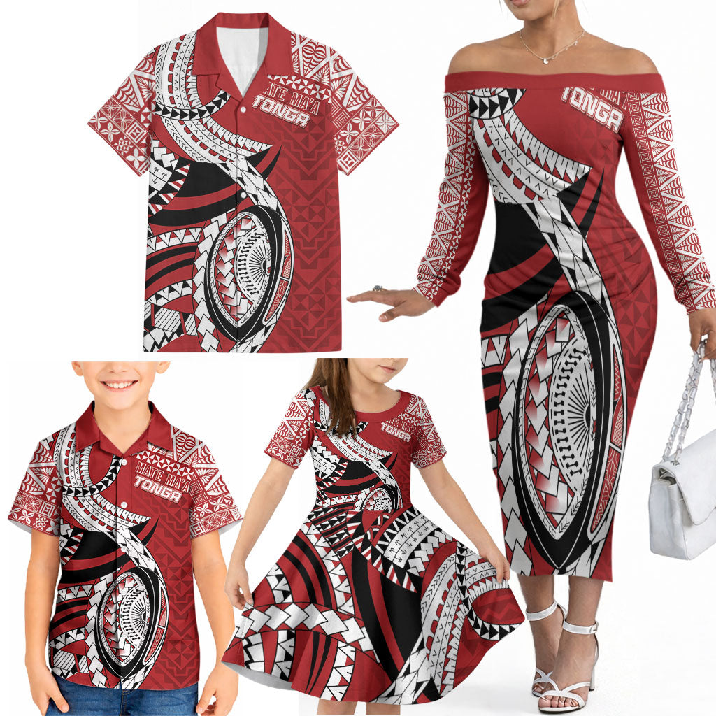 Mate Ma'a Tonga Rugby Custom Kupesi Motifs Family Matching Off The Shoulder Long Sleeve Dress and Hawaiian Shirt Red Waves LT7 - Polynesian Pride