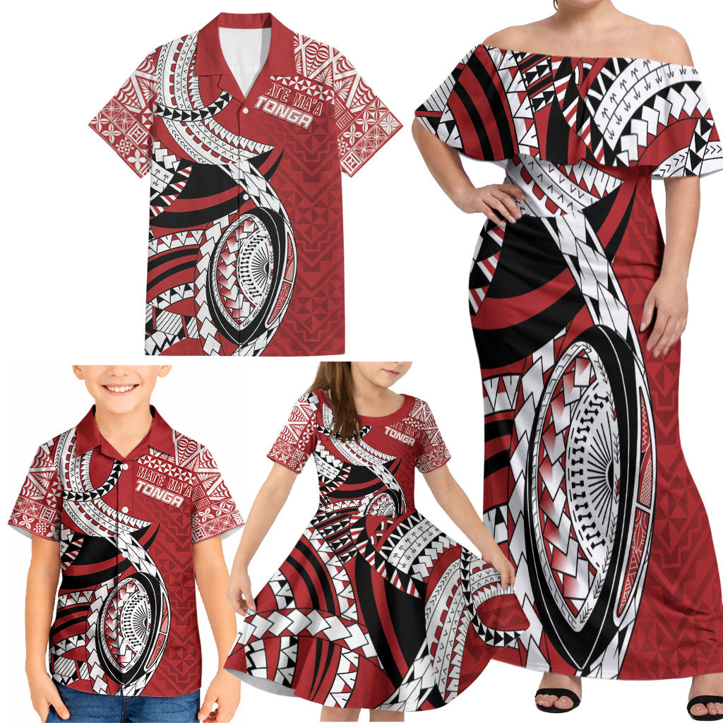 Mate Ma'a Tonga Rugby Custom Kupesi Motifs Family Matching Off Shoulder Maxi Dress and Hawaiian Shirt Red Waves