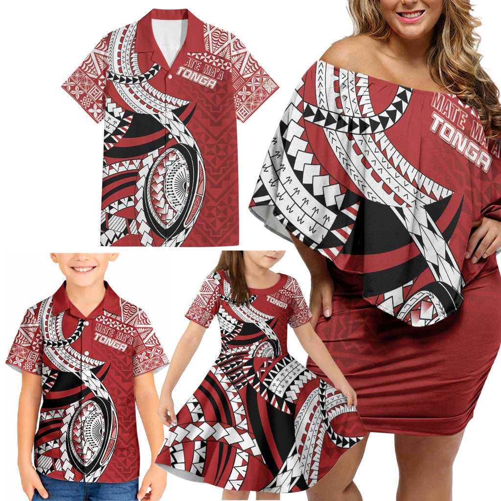 Mate Ma'a Tonga Rugby Custom Kupesi Motifs Family Matching Off Shoulder Short Dress and Hawaiian Shirt Red Waves