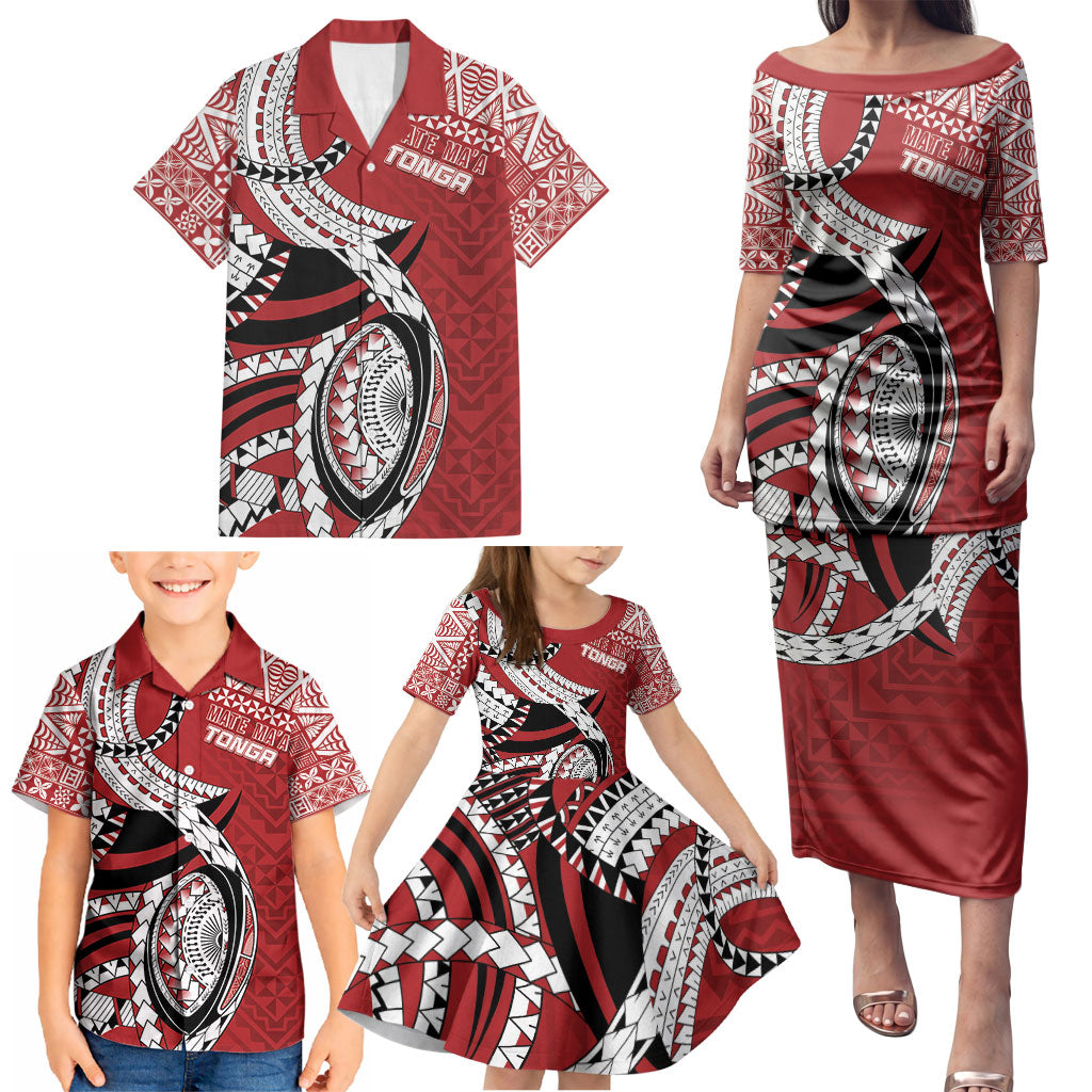 Mate Ma'a Tonga Rugby Custom Kupesi Motifs Family Matching Puletasi and Hawaiian Shirt Red Waves