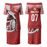 Mate Ma'a Tonga Rugby Custom Kupesi Motifs Family Matching Puletasi and Hawaiian Shirt Red Waves LT7 Mom's Dress Red - Polynesian Pride