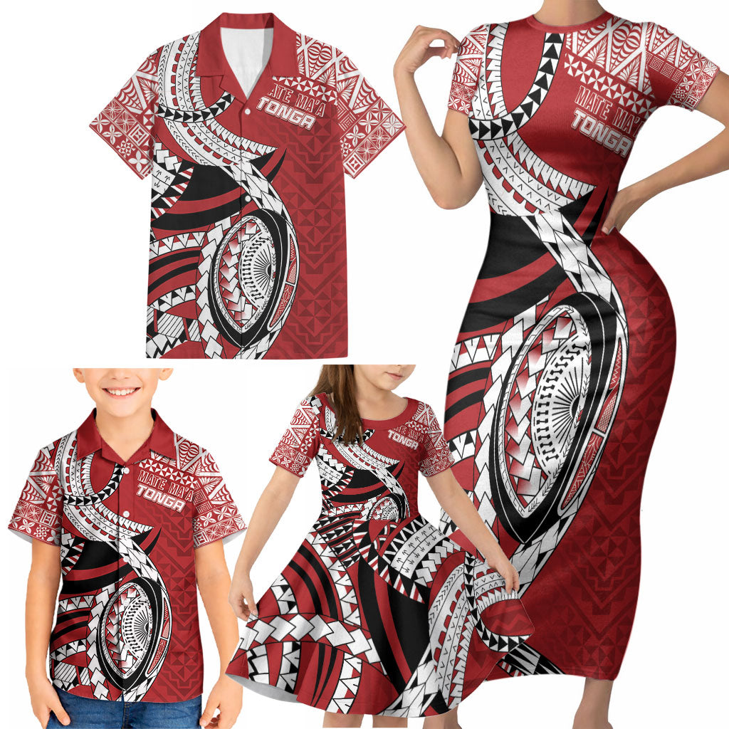 Mate Ma'a Tonga Rugby Custom Kupesi Motifs Family Matching Short Sleeve Bodycon Dress and Hawaiian Shirt Red Waves