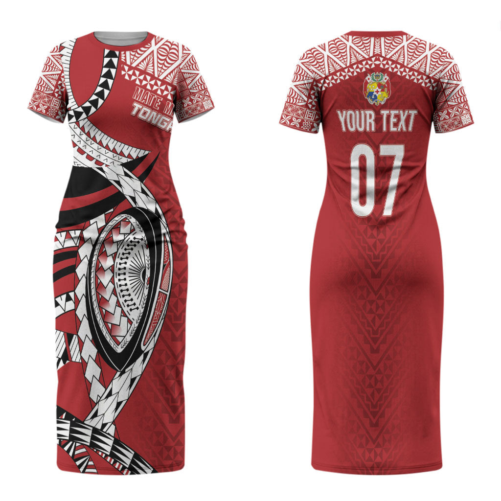 Mate Ma'a Tonga Rugby Custom Kupesi Motifs Family Matching Short Sleeve Bodycon Dress and Hawaiian Shirt Red Waves LT7 Mom's Dress Red - Polynesian Pride