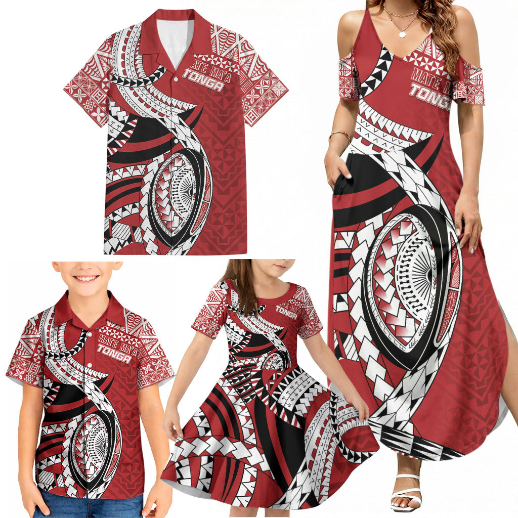 Mate Ma'a Tonga Rugby Custom Kupesi Motifs Family Matching Summer Maxi Dress and Hawaiian Shirt Red Waves