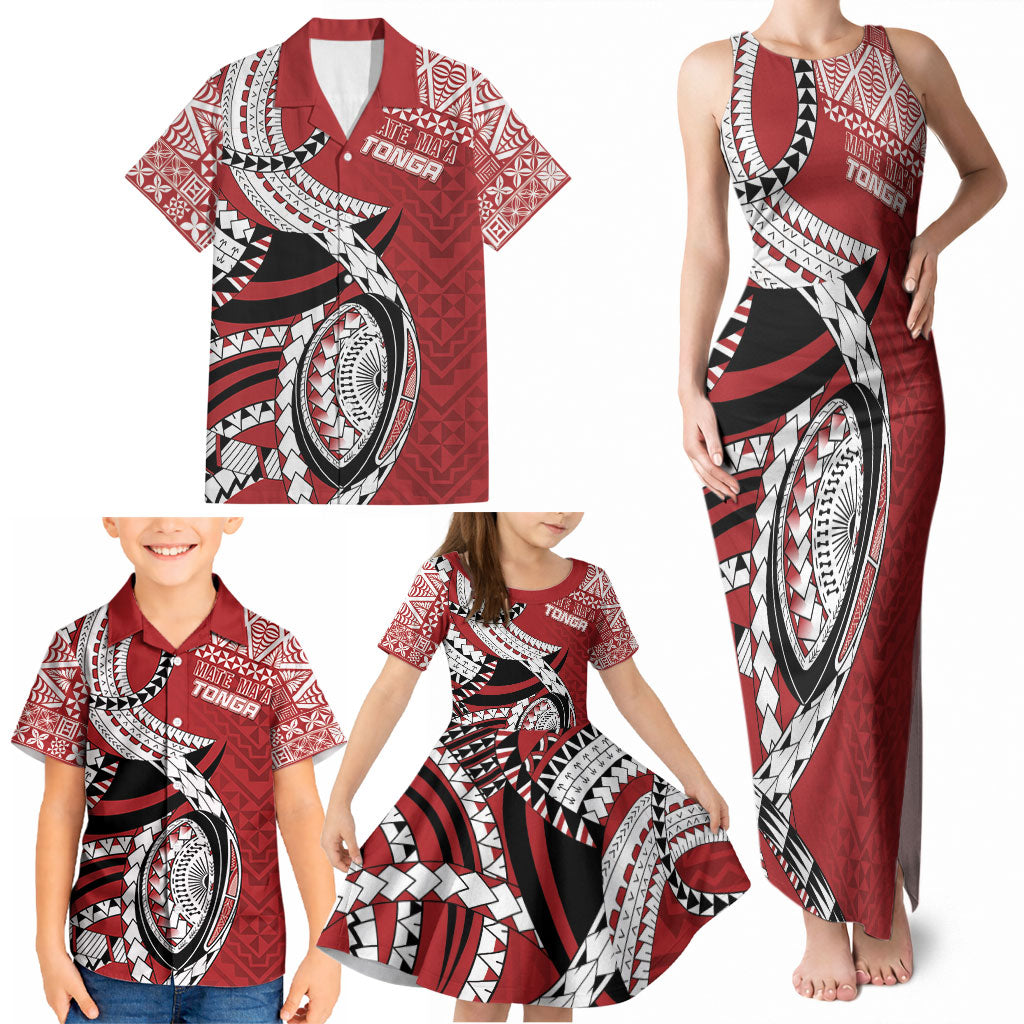 Mate Ma'a Tonga Rugby Custom Kupesi Motifs Family Matching Tank Maxi Dress and Hawaiian Shirt Red Waves