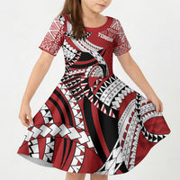 Mate Ma'a Tonga Rugby Custom Kupesi Motifs Kid Short Sleeve Dress Red Waves LT7 KID Red - Polynesian Pride