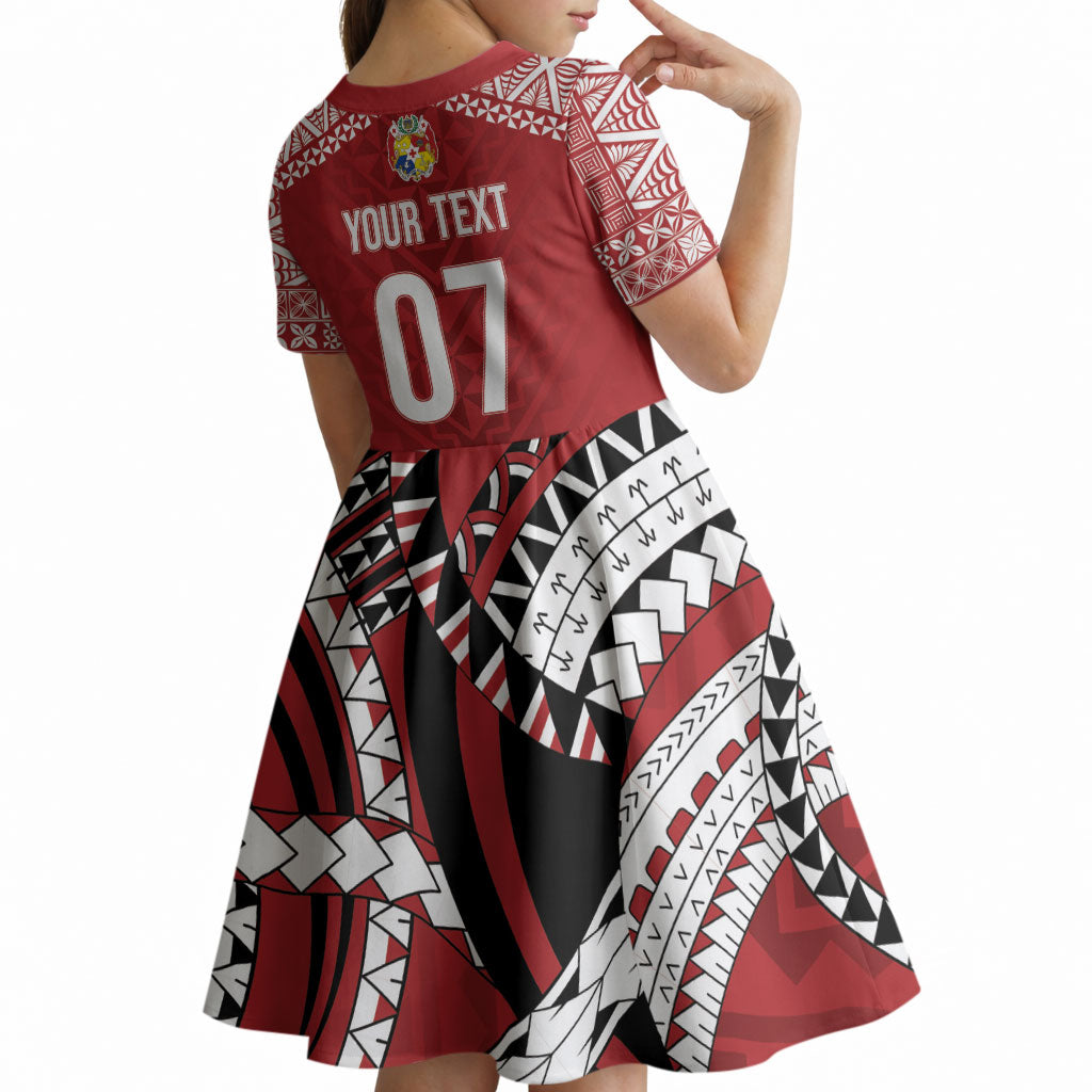 Mate Ma'a Tonga Rugby Custom Kupesi Motifs Kid Short Sleeve Dress Red Waves LT7 - Polynesian Pride
