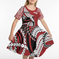 Mate Ma'a Tonga Rugby Custom Kupesi Motifs Kid Short Sleeve Dress Red Waves LT7 - Polynesian Pride
